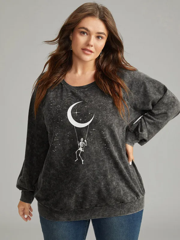 Halloween Moon & Star Print Raglan Sleeve Sweatshirt sold by Bloomchic