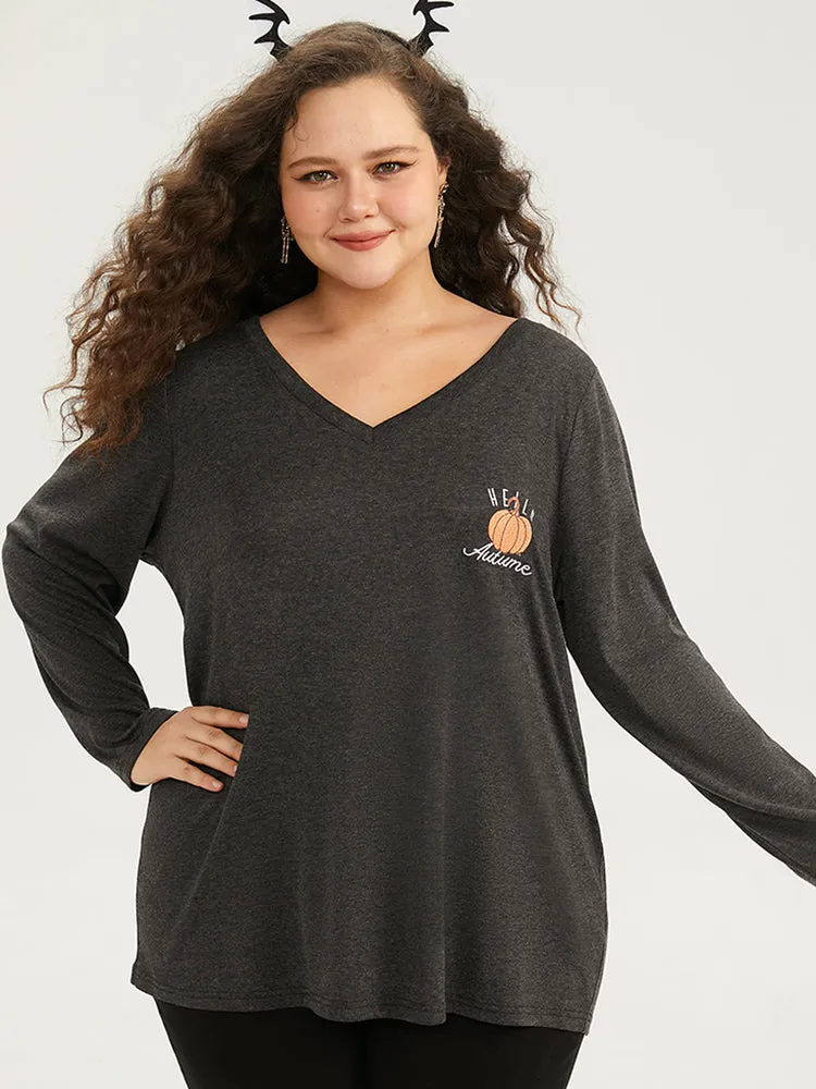 Halloween Pumpkin Embroidered V Neck T-shirt sold by Bloomchic product image thumbnail 4
