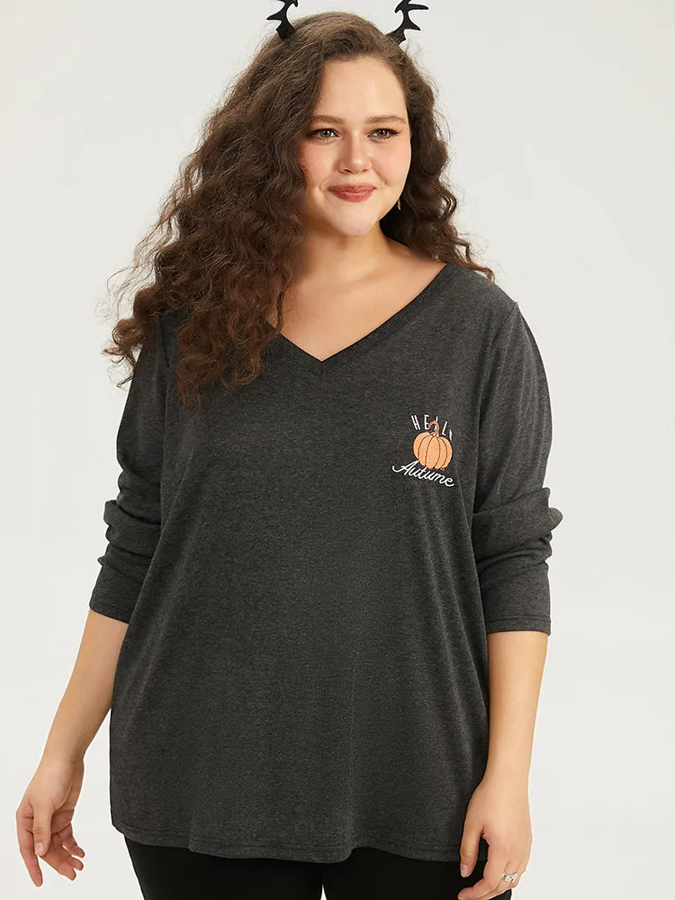 Halloween Pumpkin Embroidered V Neck T-shirt sold by Bloomchic