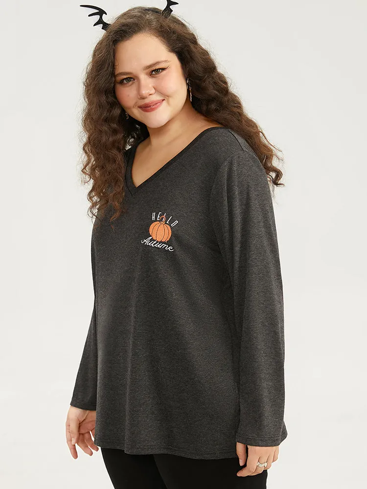 Halloween Pumpkin Embroidered V Neck T-shirt sold by Bloomchic product image thumbnail 5