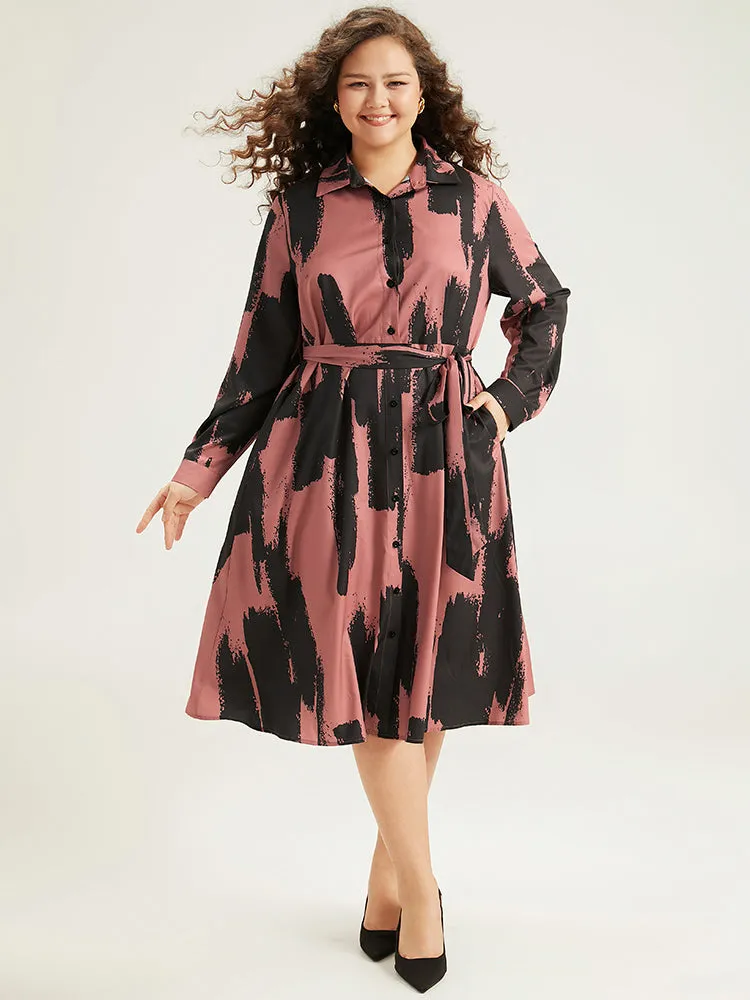 Brush Print Shirt Collar Pocket Belted Dress sold by Bloomchic