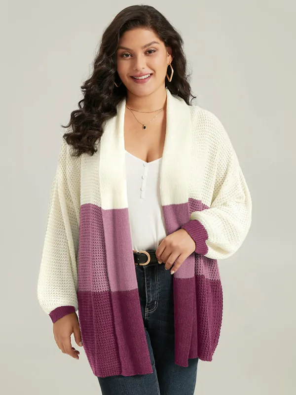 Colorblock Lapel Collar Lantern Sleeve Contrast Cardigan sold by Bloomchic