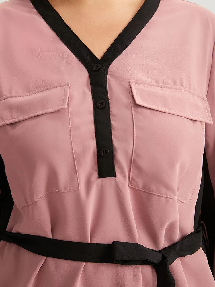 Twill Two Tone Metal Button Up Belted Dress sold by Bloomchic product image thumbnail 5