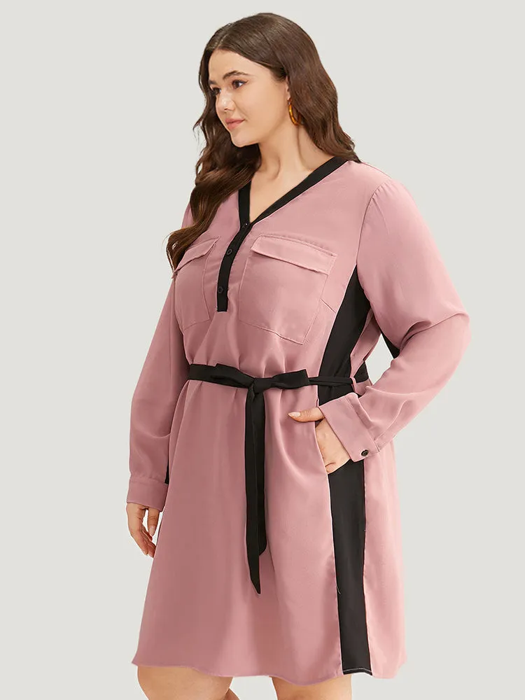 Twill Two Tone Metal Button Up Belted Dress sold by Bloomchic product image thumbnail 2