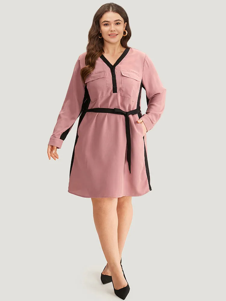 Twill Two Tone Metal Button Up Belted Dress sold by Bloomchic product image thumbnail 3