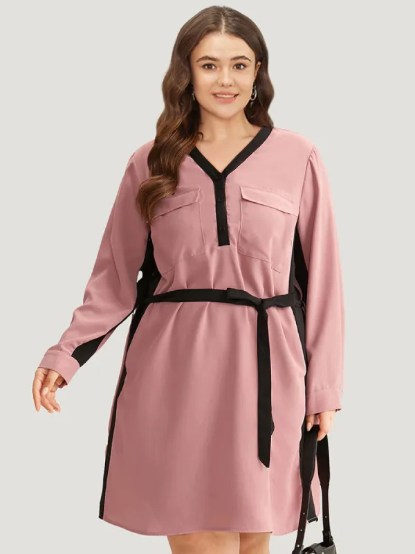 Twill Two Tone Metal Button Up Belted Dress sold by Bloomchic