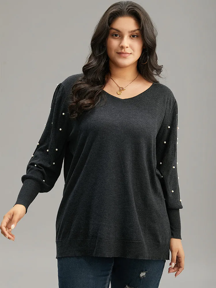 Supersoft Essentials Solid Pearl Beaded Elastic Cuffs Pullover sold by Bloomchic