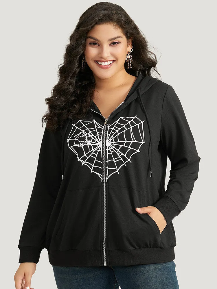 Halloween Spider Web Print Pocket Zipper Sweatshirt sold by Bloomchic