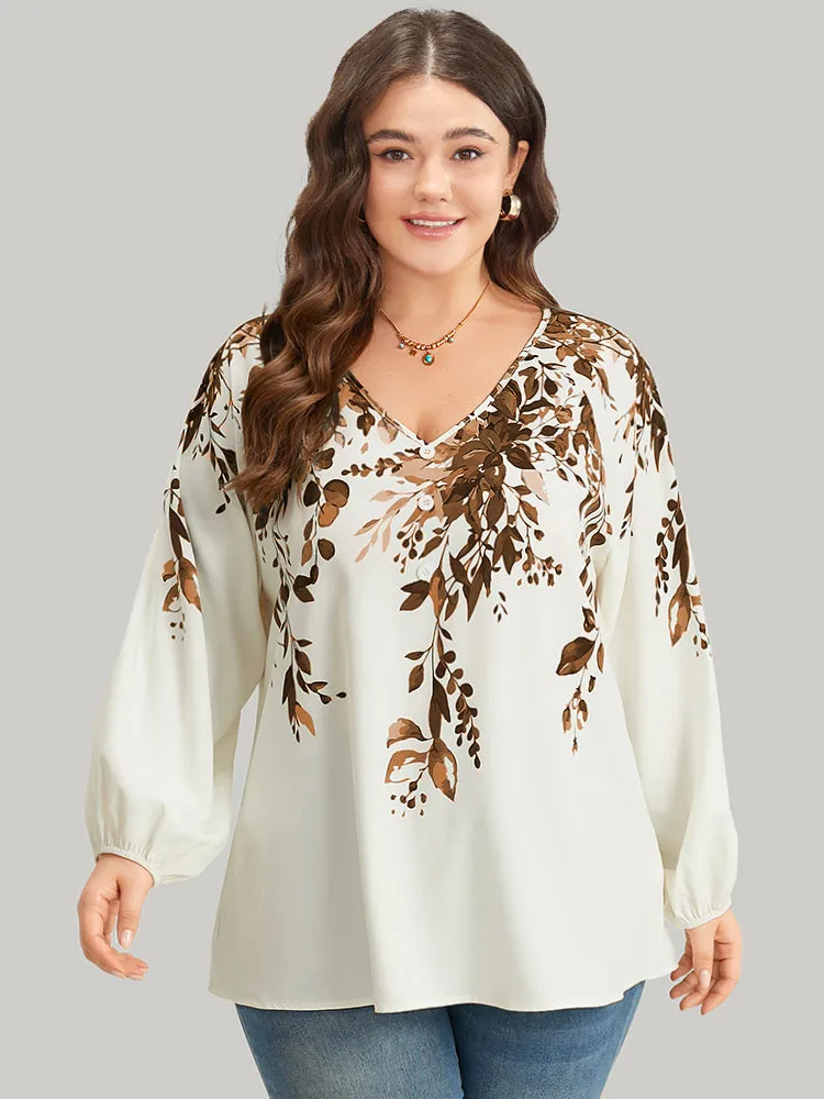Plants Print Lantern Sleeve Button Detail Blouse sold by Bloomchic product image thumbnail 2