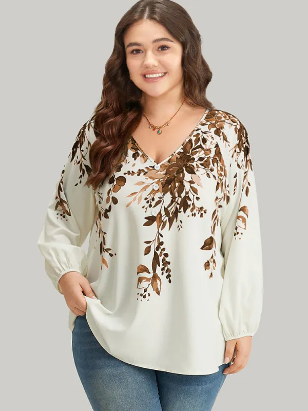Plants Print Lantern Sleeve Button Detail Blouse sold by Bloomchic