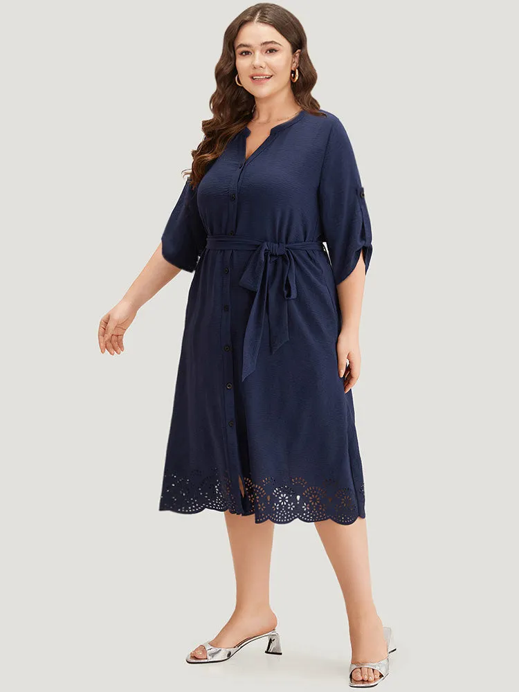 Plain Notched Belted Laser Cut Tab Sleeve Dress sold by Bloomchic product image thumbnail 3