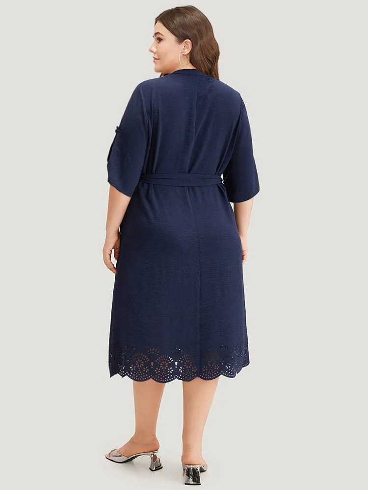 Plain Notched Belted Laser Cut Tab Sleeve Dress sold by Bloomchic product image thumbnail 4