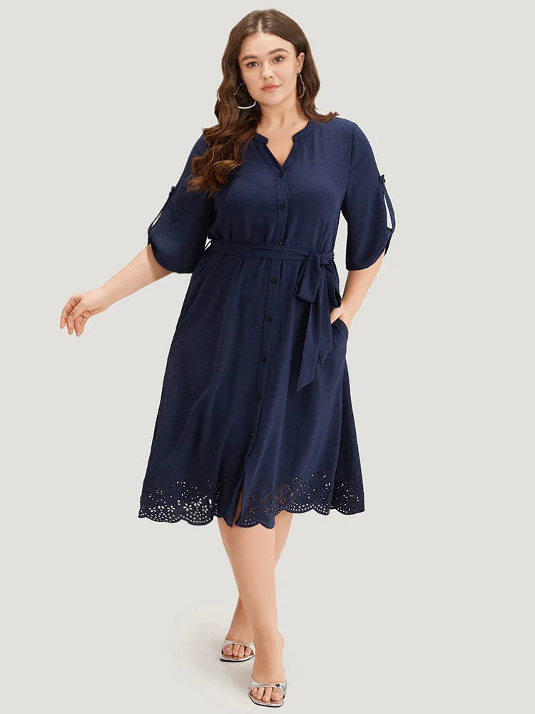 Plain Notched Belted Laser Cut Tab Sleeve Dress sold by Bloomchic