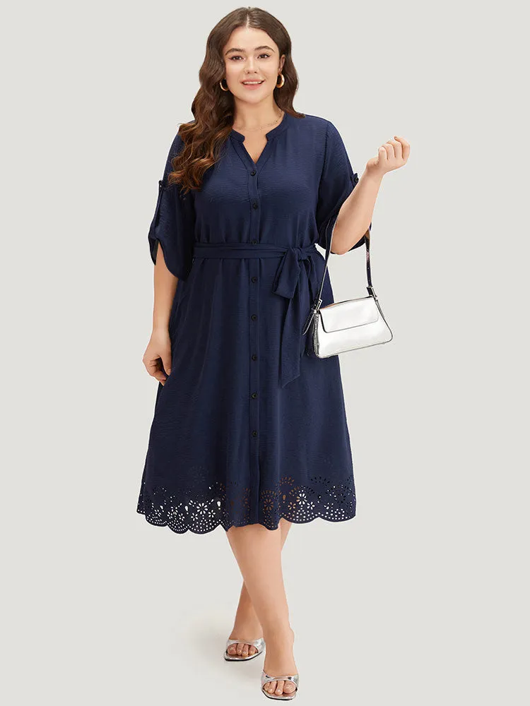 Plain Notched Belted Laser Cut Tab Sleeve Dress sold by Bloomchic product image thumbnail 2