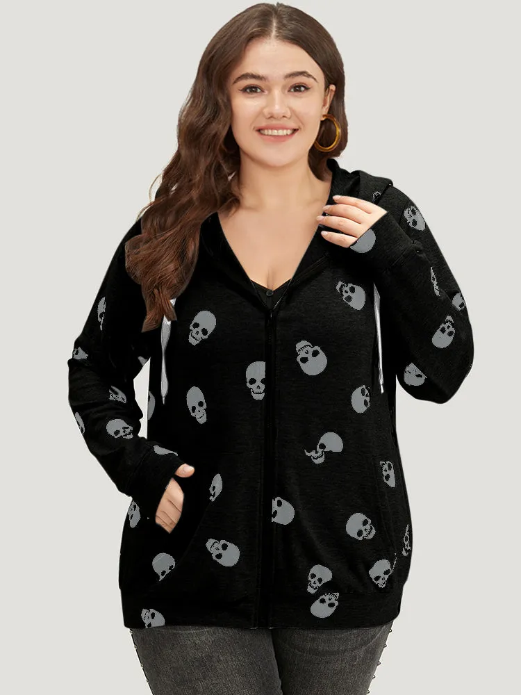 Halloween Skull Print Pocket Zipper Hooded Sweatshirt sold by Bloomchic product image thumbnail 2