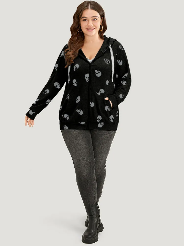 Halloween Skull Print Pocket Zipper Hooded Sweatshirt sold by Bloomchic product image thumbnail 4