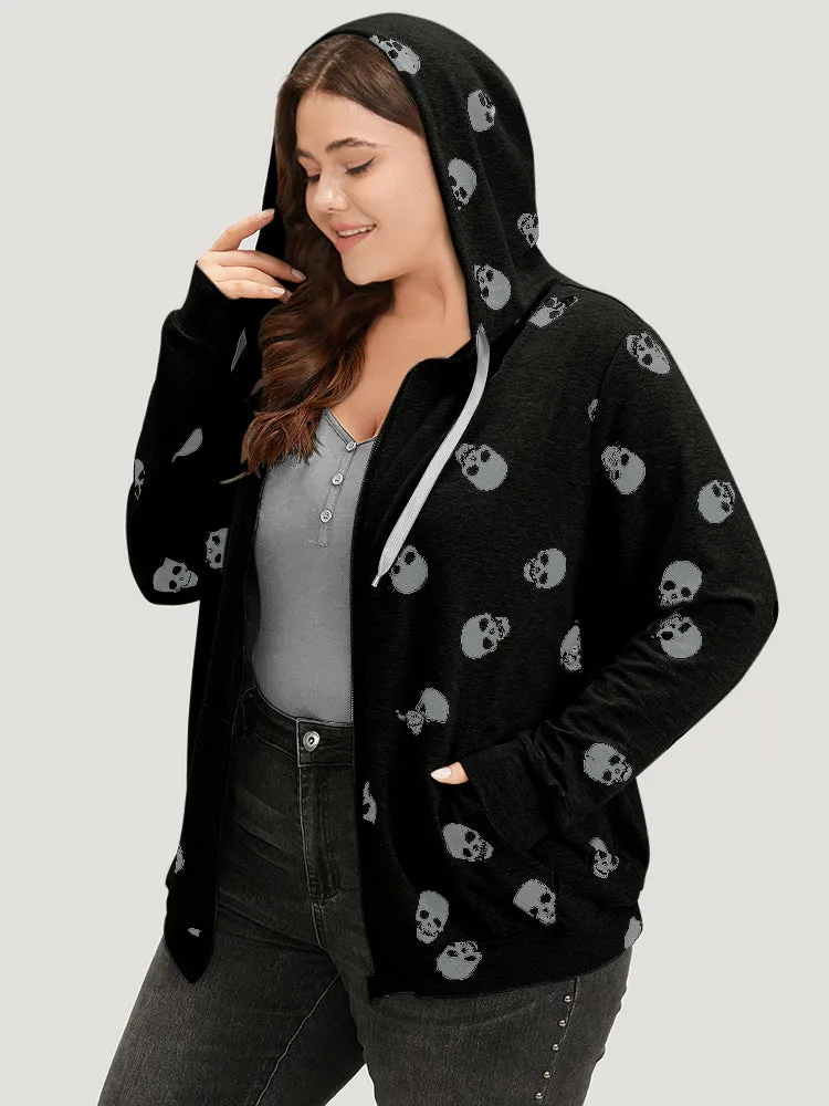 Halloween Skull Print Pocket Zipper Hooded Sweatshirt sold by Bloomchic product image thumbnail 3