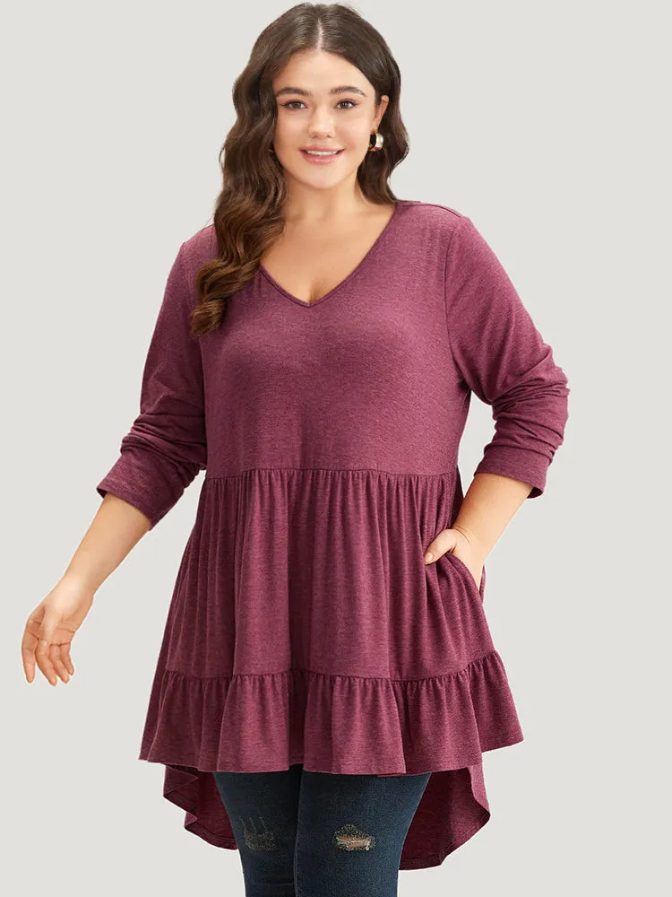 Solid Ruffle Layered Gathered High Low Hem T-shirt sold by Bloomchic