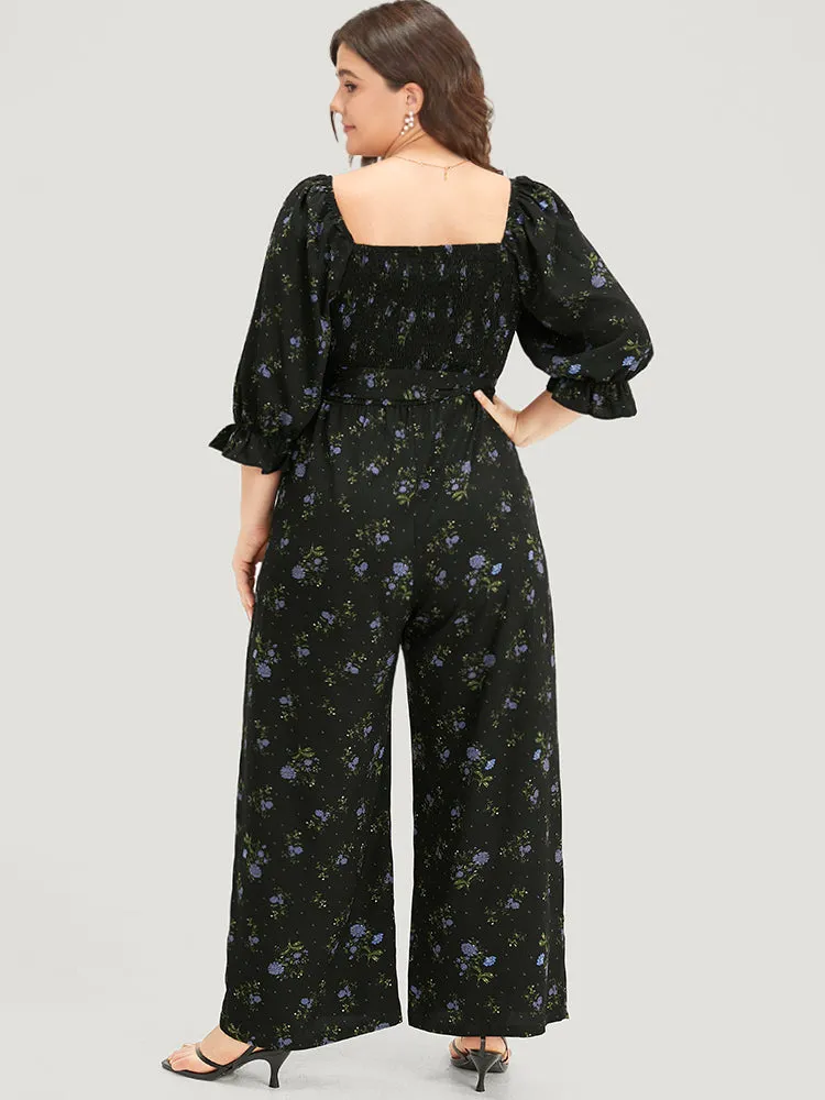 Floral Print Shirred Belted Square Neck Frill Trim Jumpsuit sold by Bloomchic product image thumbnail 3