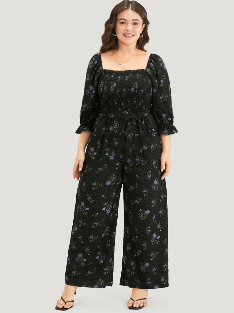 Floral Print Shirred Belted Square Neck Frill Trim Jumpsuit sold by Bloomchic product image thumbnail 4