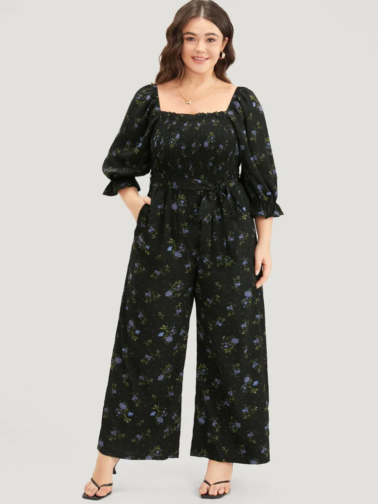 Floral Print Shirred Belted Square Neck Frill Trim Jumpsuit sold by Bloomchic