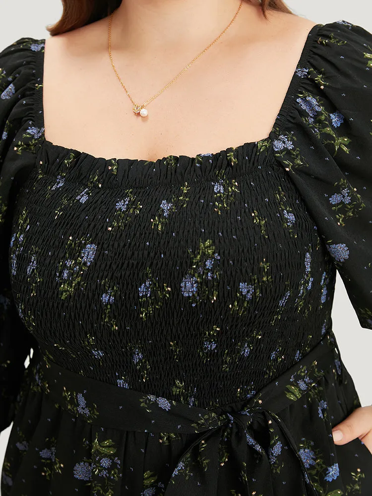 Floral Print Shirred Belted Square Neck Frill Trim Jumpsuit sold by Bloomchic product image thumbnail 5