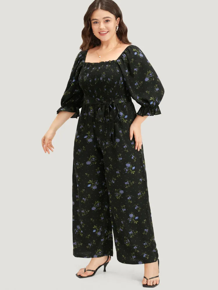 Floral Print Shirred Belted Square Neck Frill Trim Jumpsuit sold by Bloomchic product image thumbnail 2