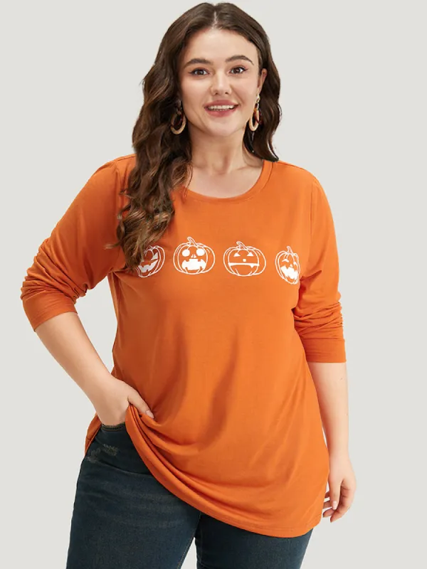 Halloween Pumpkin Print Round Neck T-shirt sold by Bloomchic