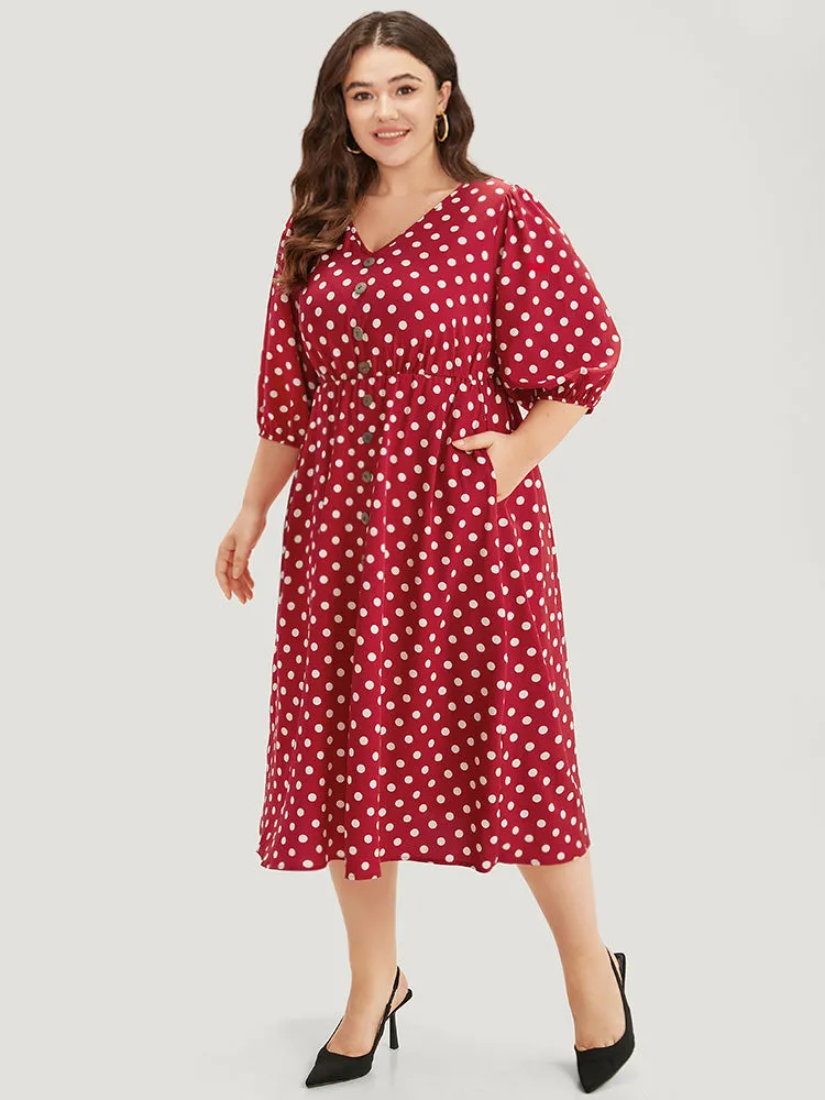 Polka Dot Pocket Button Detail Lantern Sleeve Dress sold by Bloomchic product image thumbnail 4