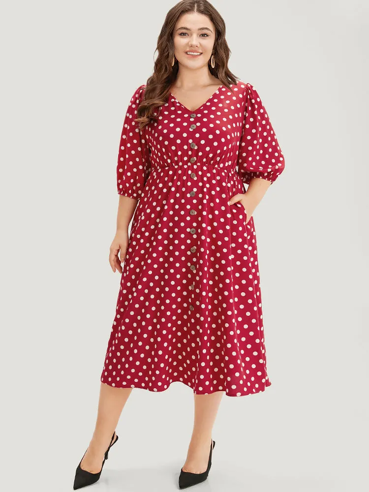 Polka Dot Pocket Button Detail Lantern Sleeve Dress sold by Bloomchic