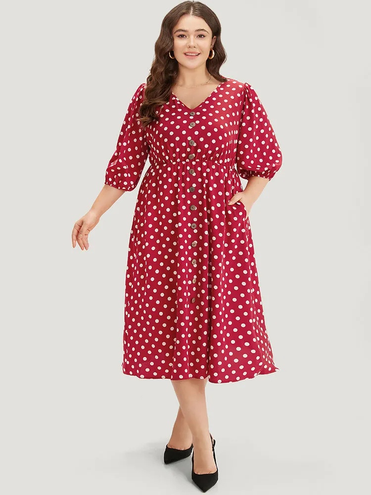 Polka Dot Pocket Button Detail Lantern Sleeve Dress sold by Bloomchic product image thumbnail 2