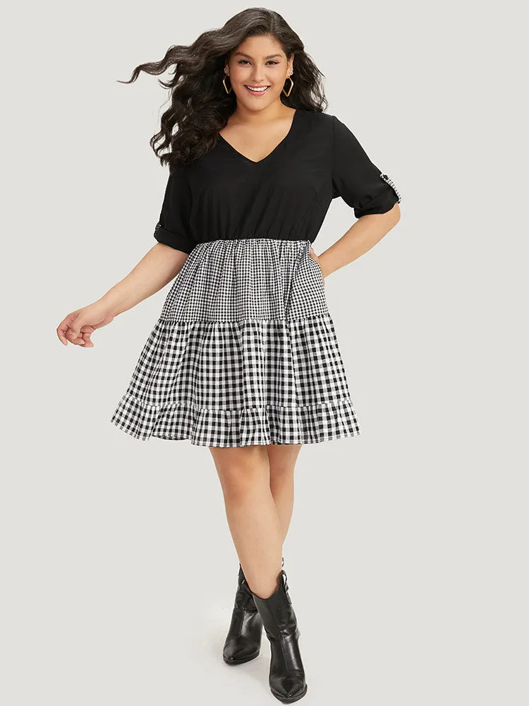 Gingham Patchwork Pocket Tab Sleeve Dress sold by Bloomchic product image thumbnail 2