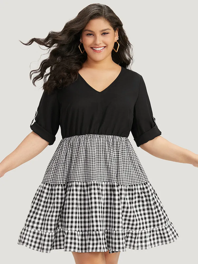 Gingham Patchwork Pocket Tab Sleeve Dress sold by Bloomchic product image thumbnail 3