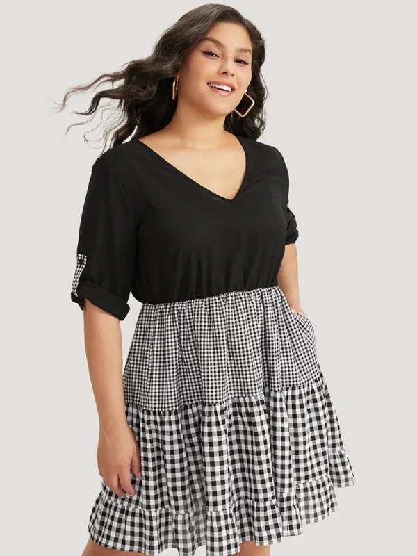 Gingham Patchwork Pocket Tab Sleeve Dress sold by Bloomchic