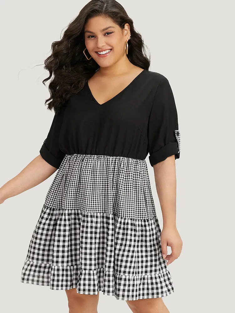 Gingham Patchwork Pocket Tab Sleeve Dress sold by Bloomchic product image thumbnail 5