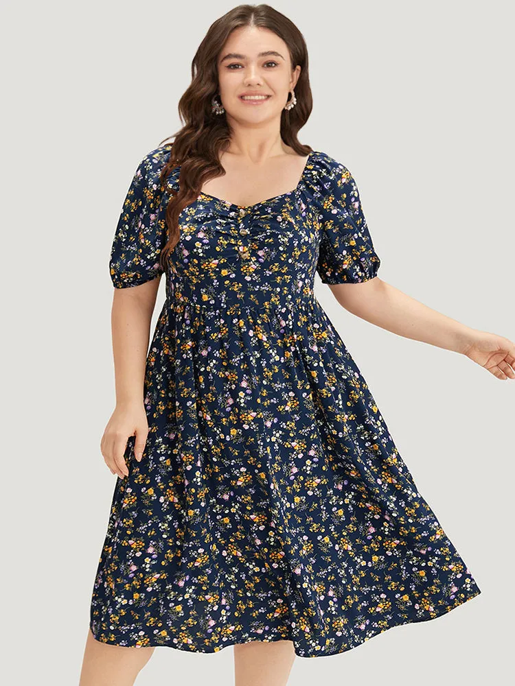 Ditsy Floral Ruched Square Neck Puff Sleeve Dress sold by Bloomchic