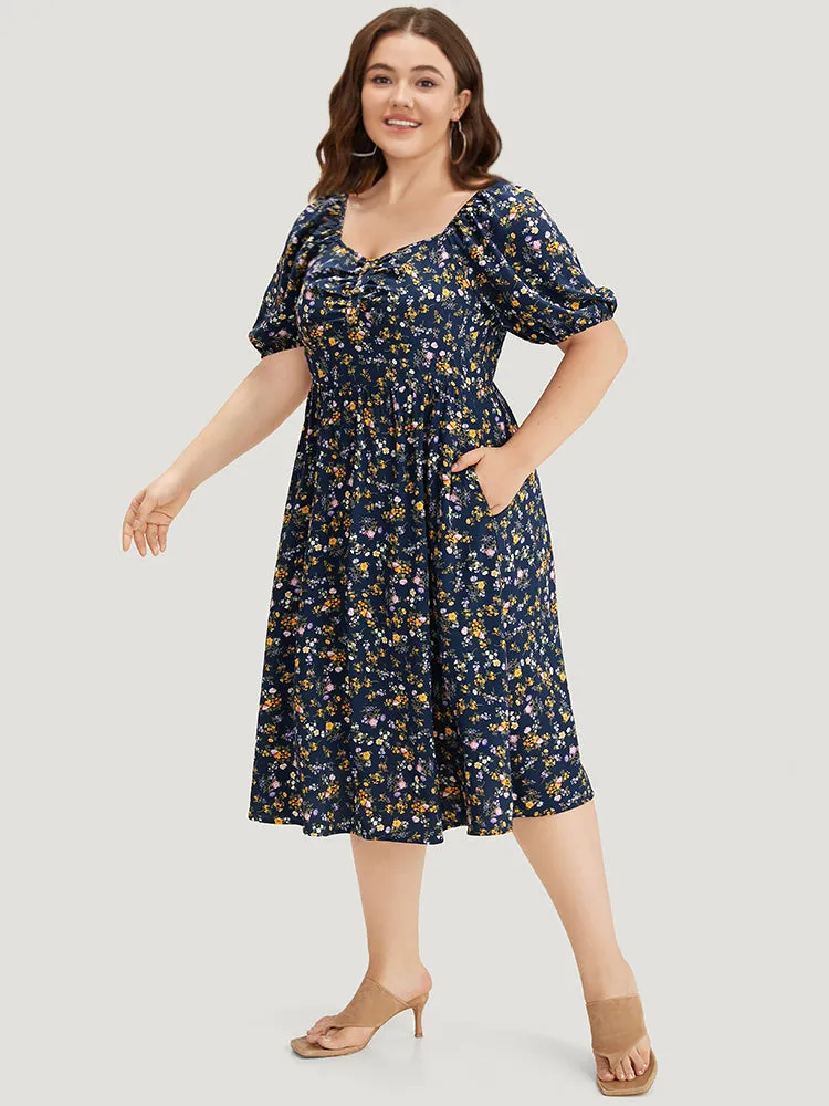 Ditsy Floral Ruched Square Neck Puff Sleeve Dress sold by Bloomchic product image thumbnail 5