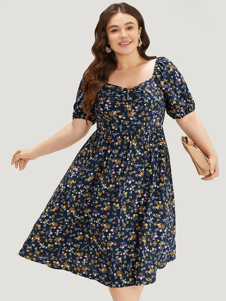 Ditsy Floral Ruched Square Neck Puff Sleeve Dress sold by Bloomchic product image thumbnail 2