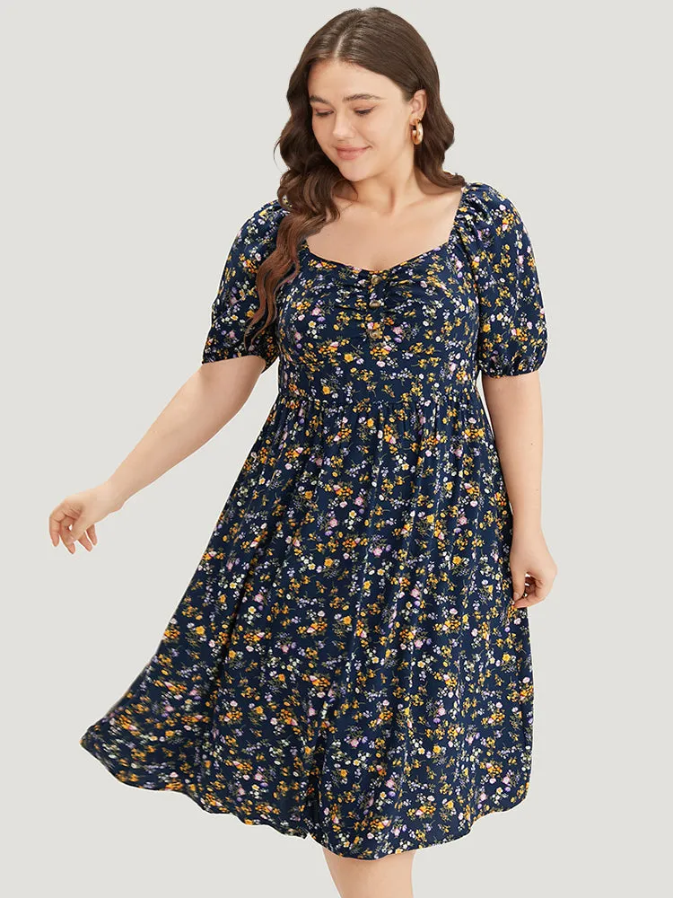 Ditsy Floral Ruched Square Neck Puff Sleeve Dress sold by Bloomchic product image thumbnail 3