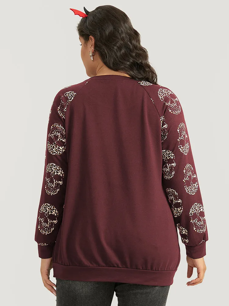 Halloween Skull Print Crew Neck Raglan Sleeve Sweatshirt sold by Bloomchic product image thumbnail 3