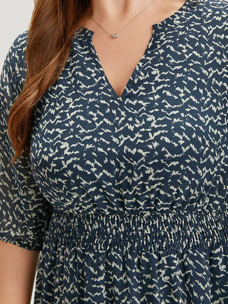 Bird Print Notched Shirred Lantern Sleeve Dress sold by Bloomchic product image thumbnail 5