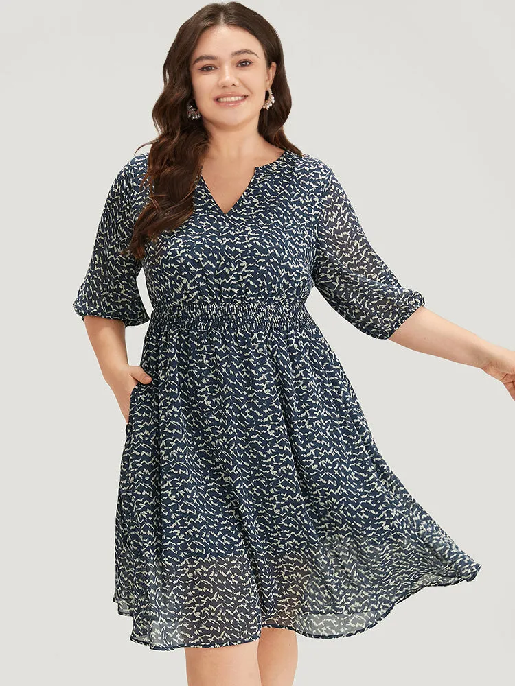 Bird Print Notched Shirred Lantern Sleeve Dress sold by Bloomchic