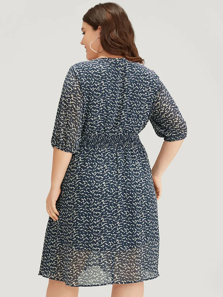 Bird Print Notched Shirred Lantern Sleeve Dress sold by Bloomchic product image thumbnail 4