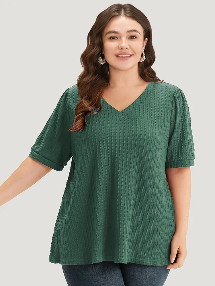 Plain Texture V Neck Gathered Lantern Sleeve T-shirt sold by Bloomchic product image thumbnail 2