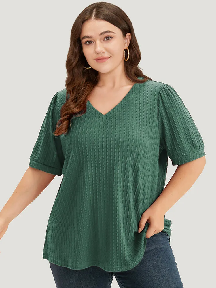 Plain Texture V Neck Gathered Lantern Sleeve T-shirt sold by Bloomchic