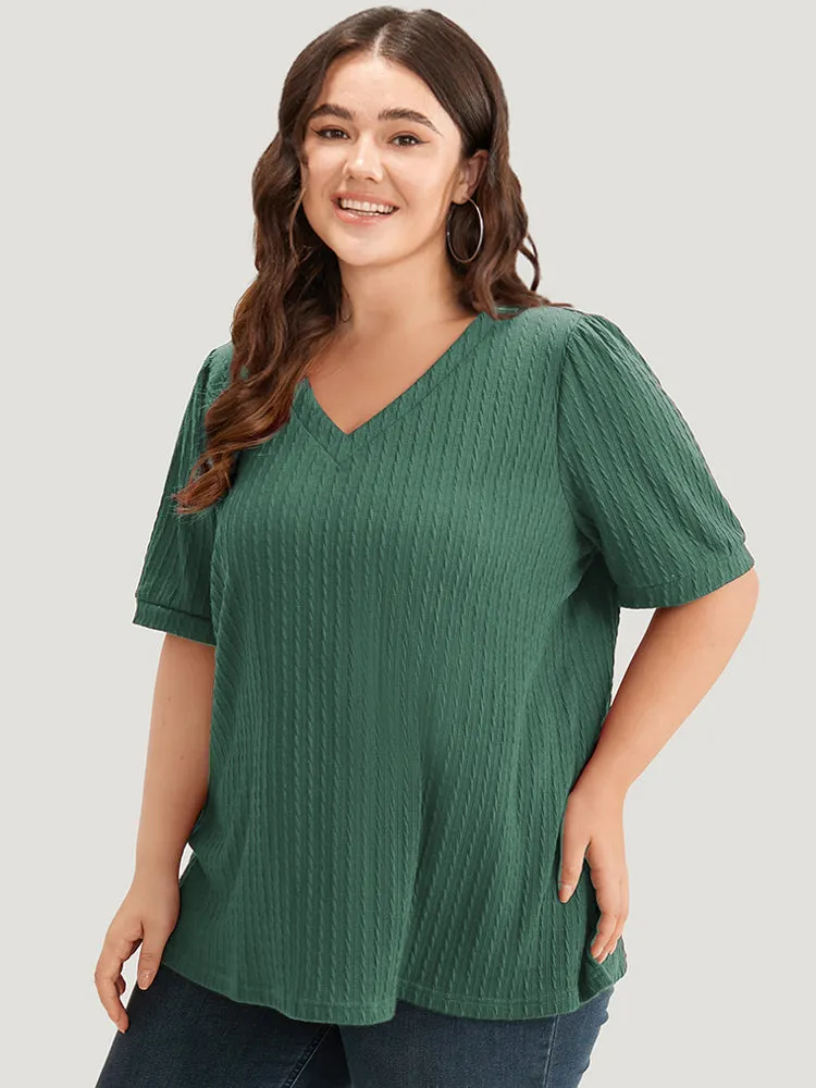 Plain Texture V Neck Gathered Lantern Sleeve T-shirt sold by Bloomchic product image thumbnail 3