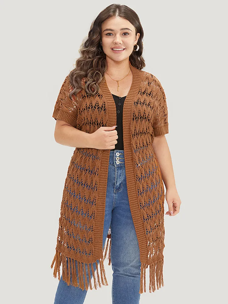 Plain Hollow Out Fringe Trim Cardigan sold by Bloomchic
