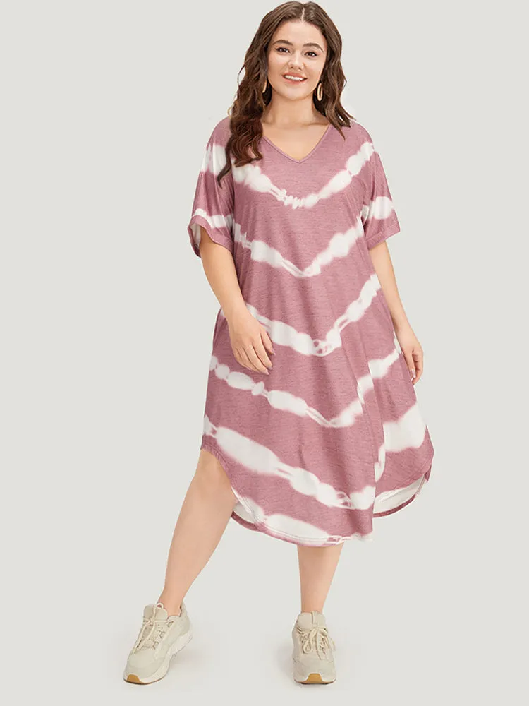 Tie Dye Striped Two Tone V Neck Pocket Dress sold by Bloomchic