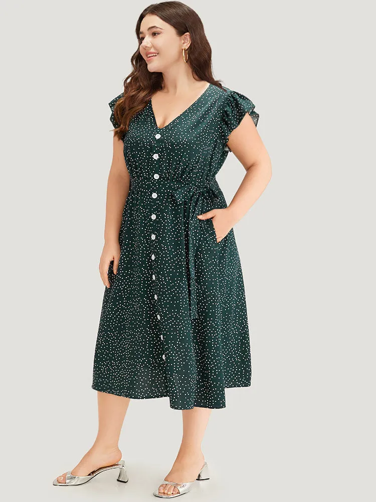 Polka Dot Flutter Trim Button Detail Belted Dress sold by Bloomchic product image thumbnail 3