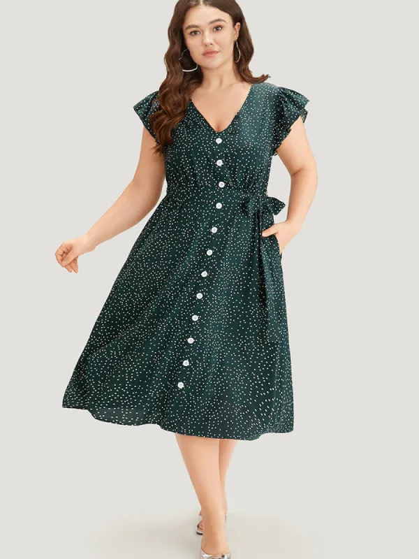 Polka Dot Flutter Trim Button Detail Belted Dress sold by Bloomchic